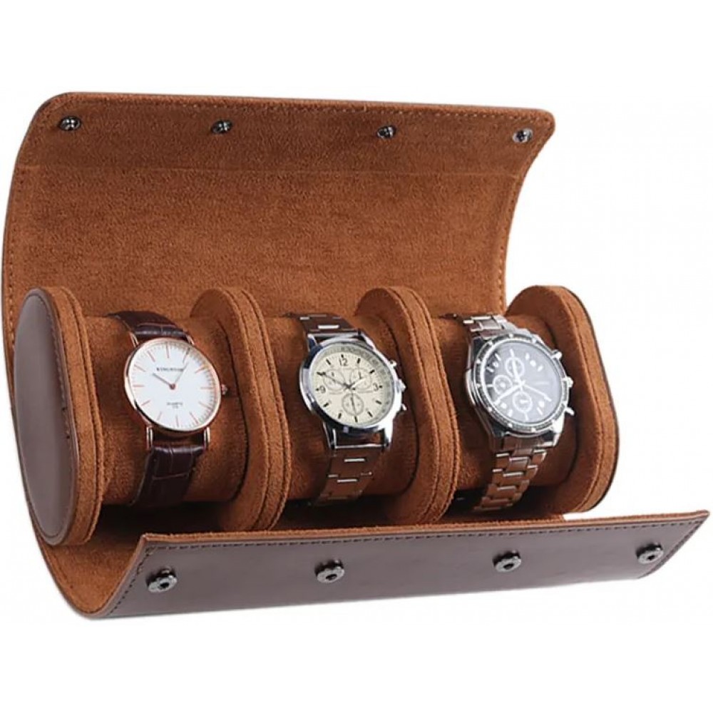 Boîte à montre de luxe et de haute qualité en similicuir et coussin de montre doux - 3 montres - Brun