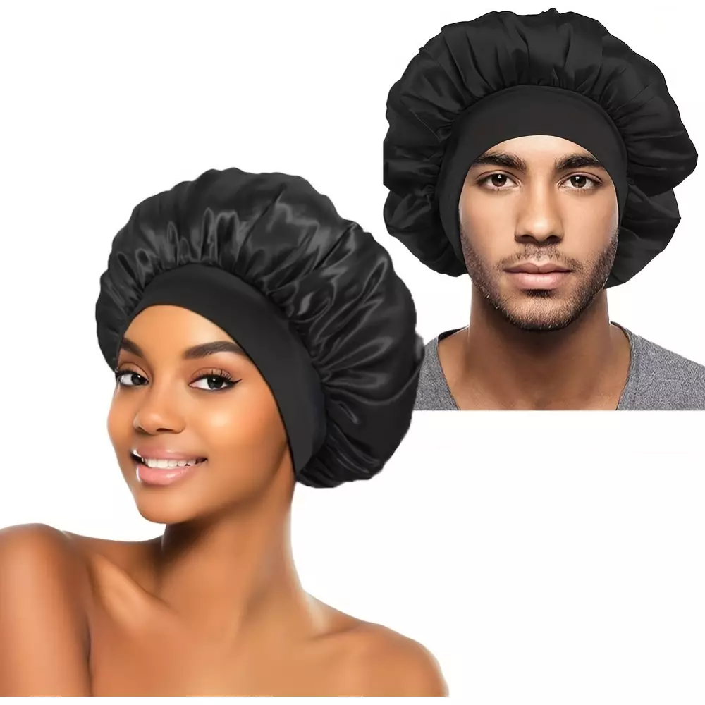 Unisex Satin Nachtmütze elastisch (Einheitsgröße) für alle Haartypen - Schwarz