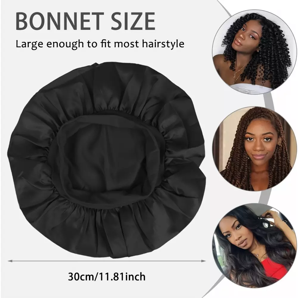 Unisex Satin Nachtmütze elastisch (Einheitsgröße) für alle Haartypen - Schwarz