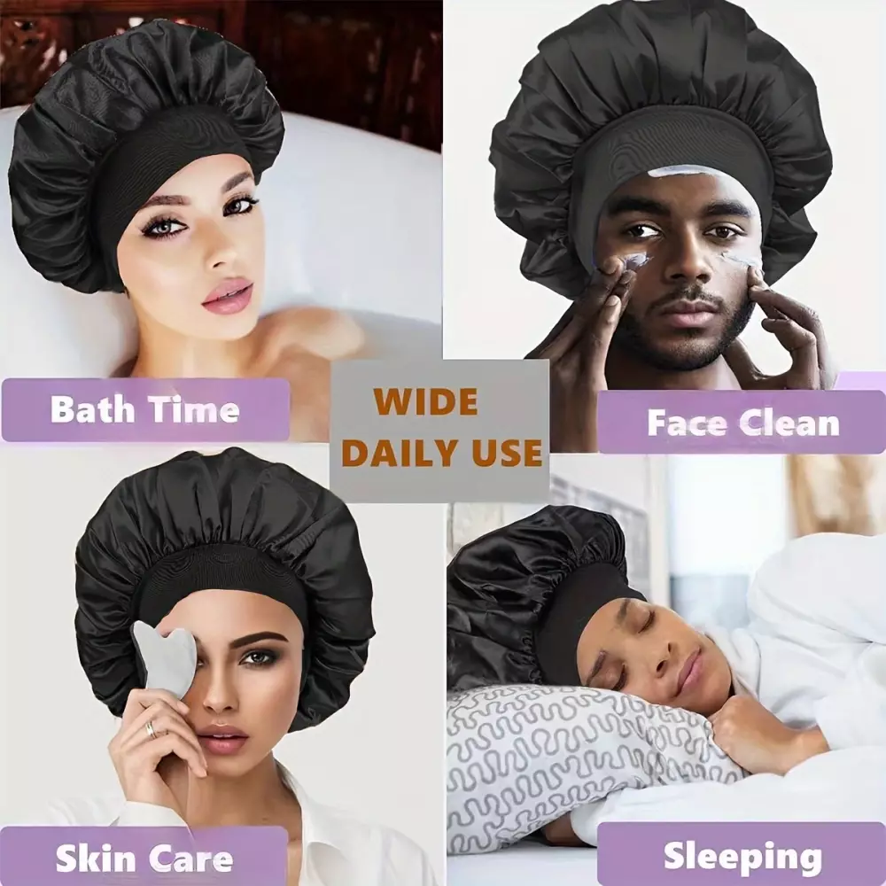 Unisex Satin Nachtmütze elastisch (Einheitsgröße) für alle Haartypen - Schwarz