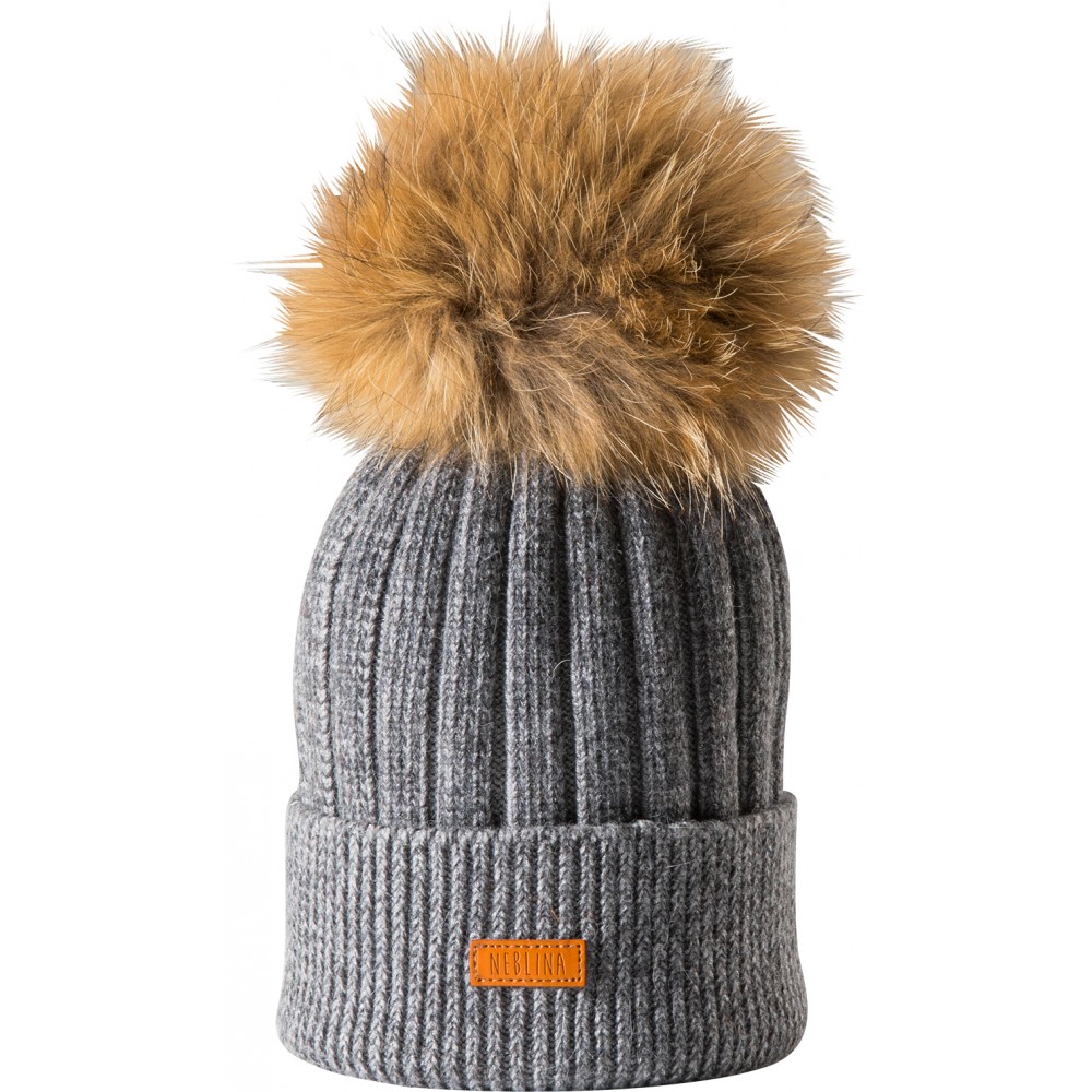 Bonnet en cachemire avec pompon en fourrure véritable - Gris chiné