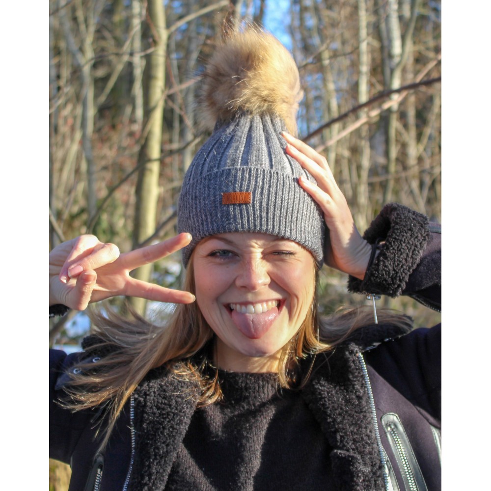 Bonnet en cachemire avec pompon en fourrure véritable - Gris foncé chiné