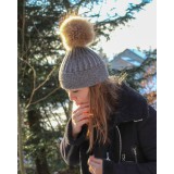 Bonnet en cachemire avec pompon en fourrure véritable - Gris chiné