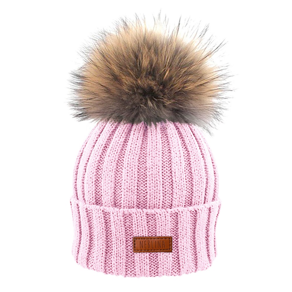 Bonnet en laine avec pompon en fourrure véritable - Rose clair