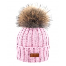 Bonnet en laine avec pompon en fourrure véritable - Rose clair