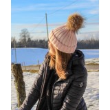 Bonnet en laine avec pompon en fourrure véritable - Rose clair