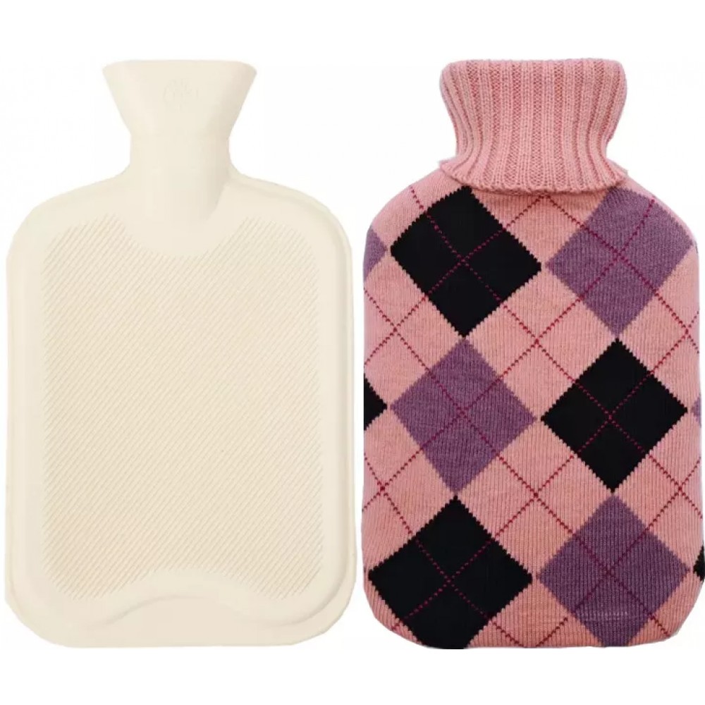 Bouillotte avec couverture en tricot (2 litres) - Rose avec carreaux