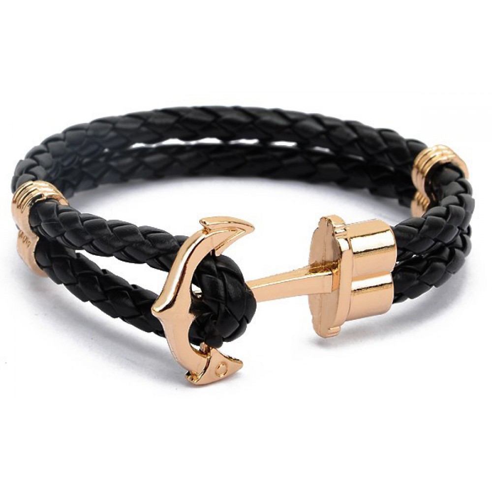 Bracelet ancre corde cuir - Noir