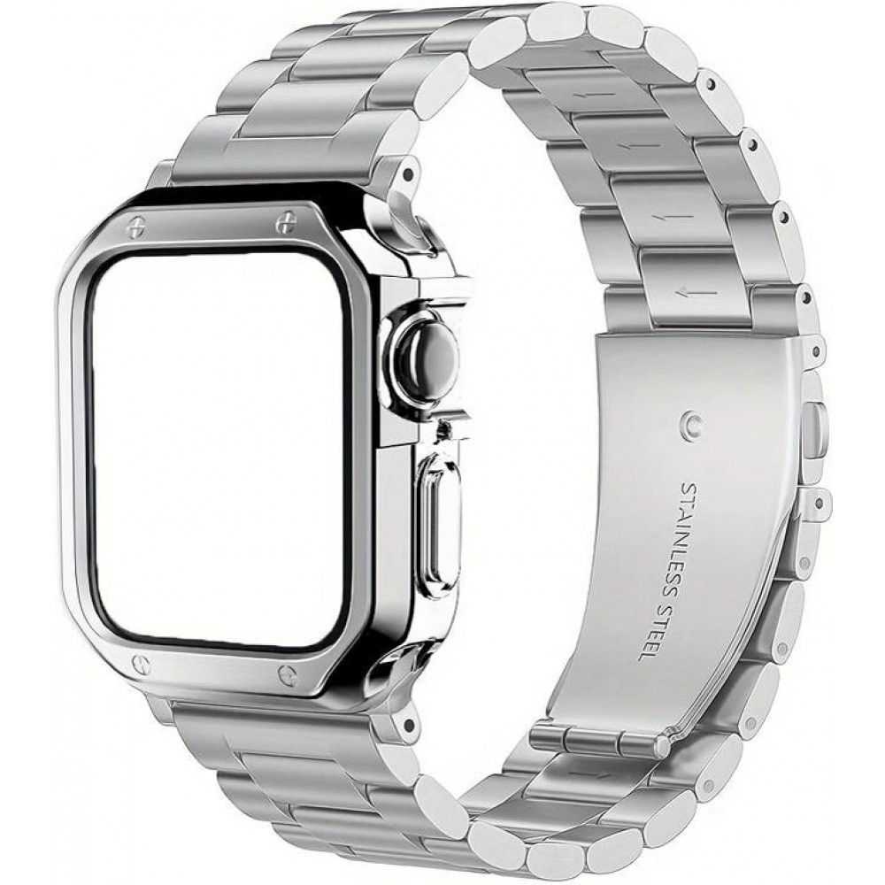 Bracelet en métal raffiné avec coque de protection en silicone TPU intégrée pour Apple Watch 49mm - Argent