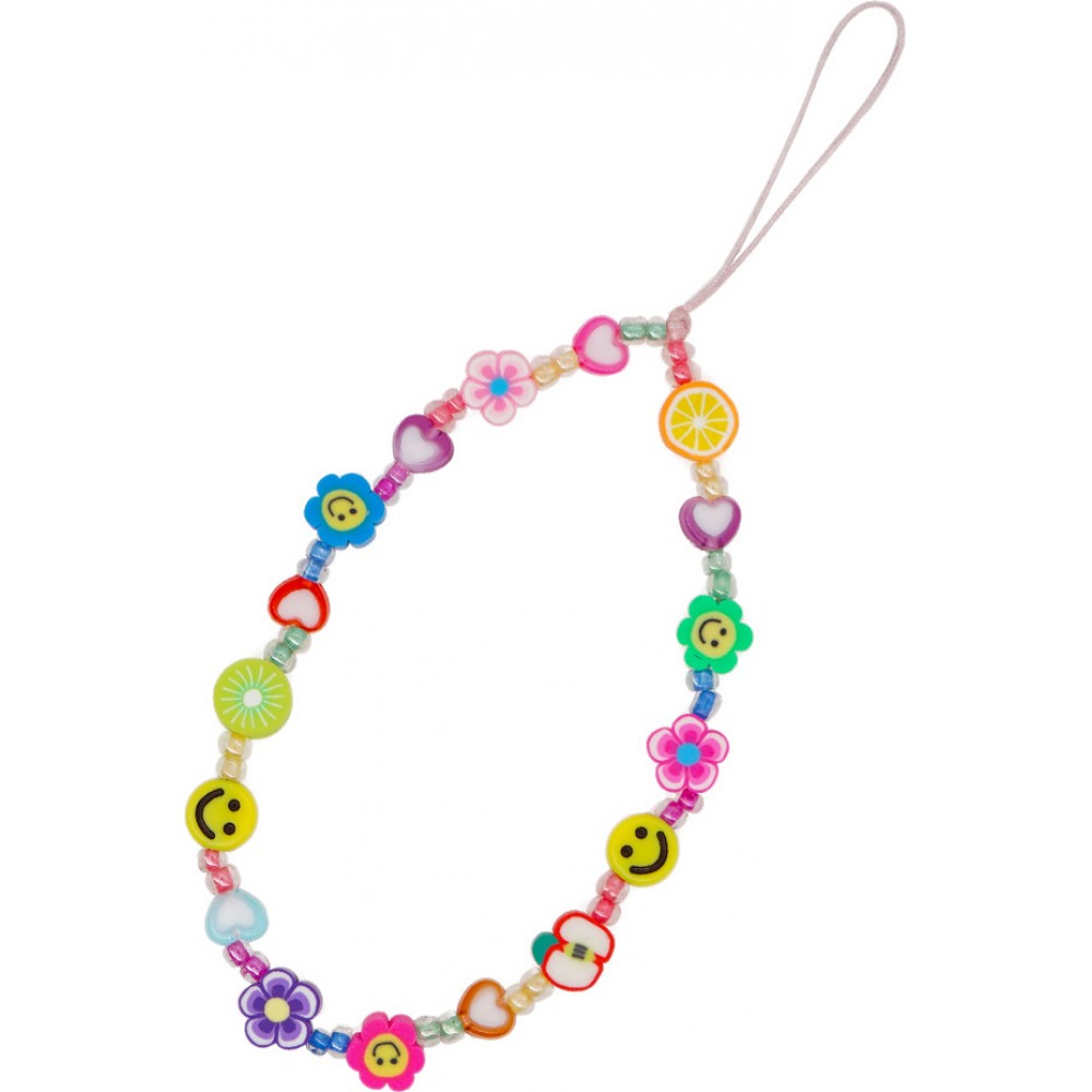 Bijou de téléphone universel / Pendentif bracelet à charms - Fleurs et emojis perles