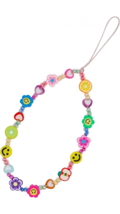 Bijou de téléphone universel / Pendentif bracelet à charms - Fleurs et emojis perles