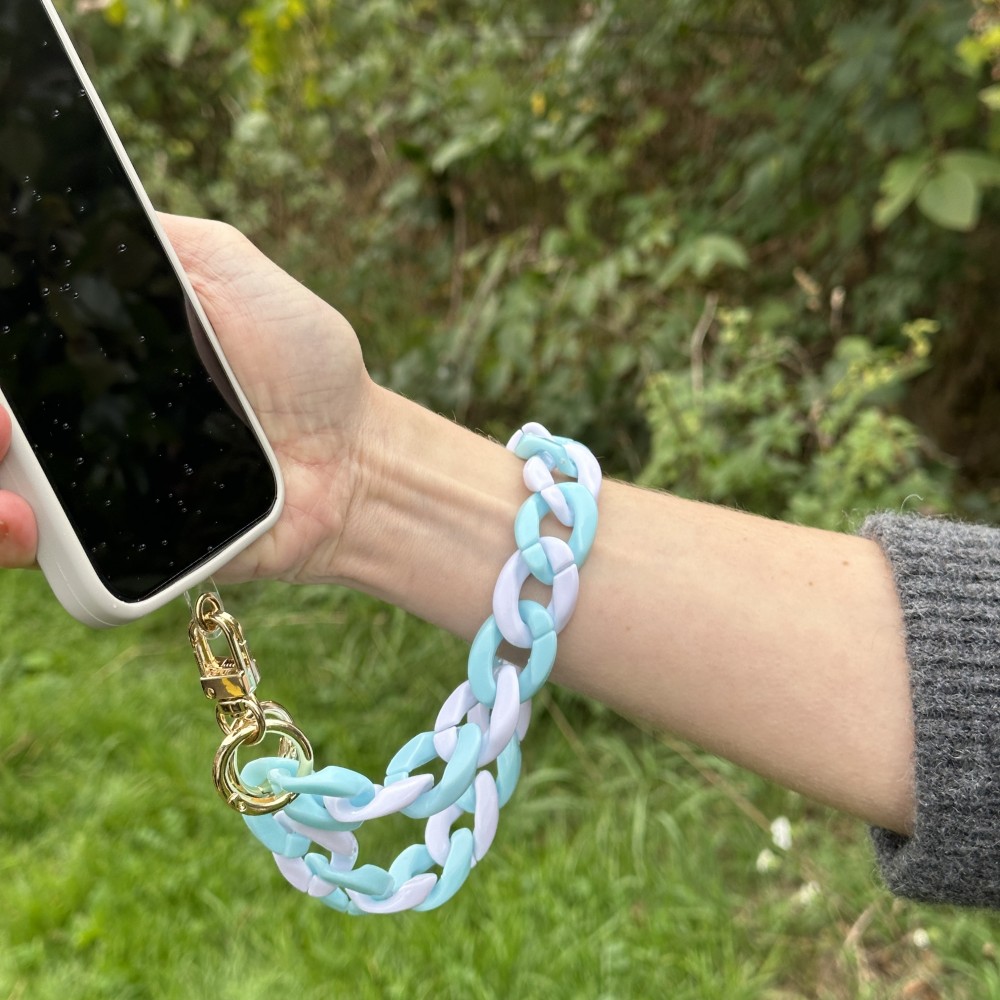 Bracelet universel attache pour coque/fourre téléphone chaine colorée - Bleu blanc