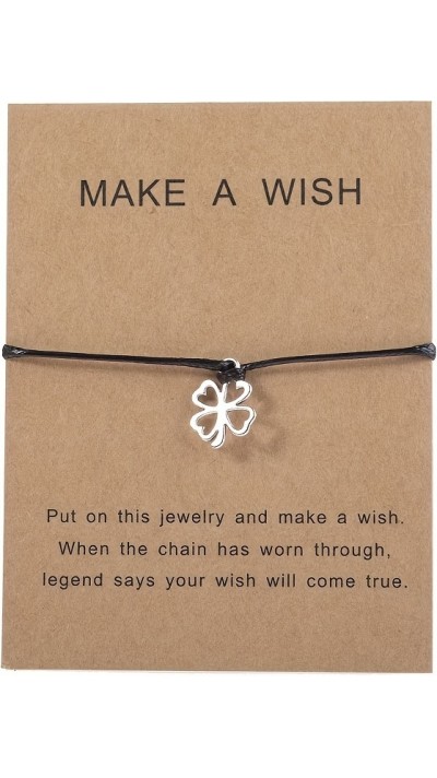 Bracelet universel trèfle à 4 feuilles "Make a Wish" avec cordon en similicuir - Noir
