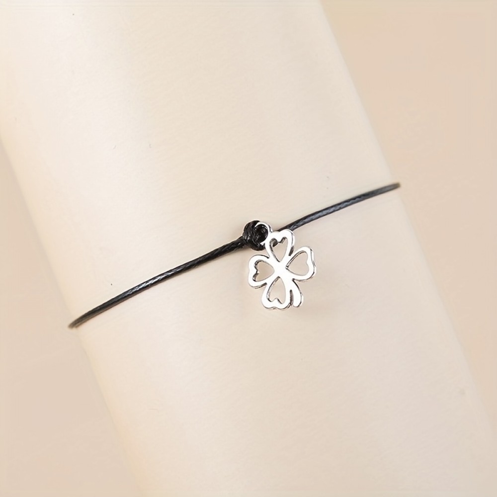 Bracelet universel trèfle à 4 feuilles "Make a Wish" avec cordon en similicuir - Noir