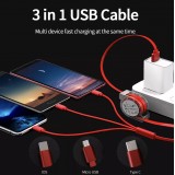 3 in 1 Multi-Anschluss Ladekabel zusammenrollend mit Micro-USB, USB-C und Lightning - Silber
