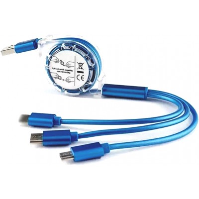 Câble 3 en 1 multi-ports rétractable avec micro-USB, USB-C et Lightning - Bleu