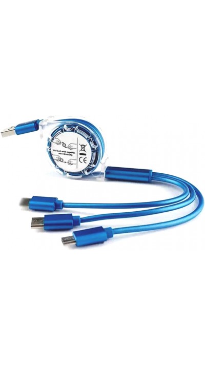 3 in 1 Multi-Anschluss Ladekabel zusammenrollend mit Micro-USB, USB-C und Lightning - Blau
