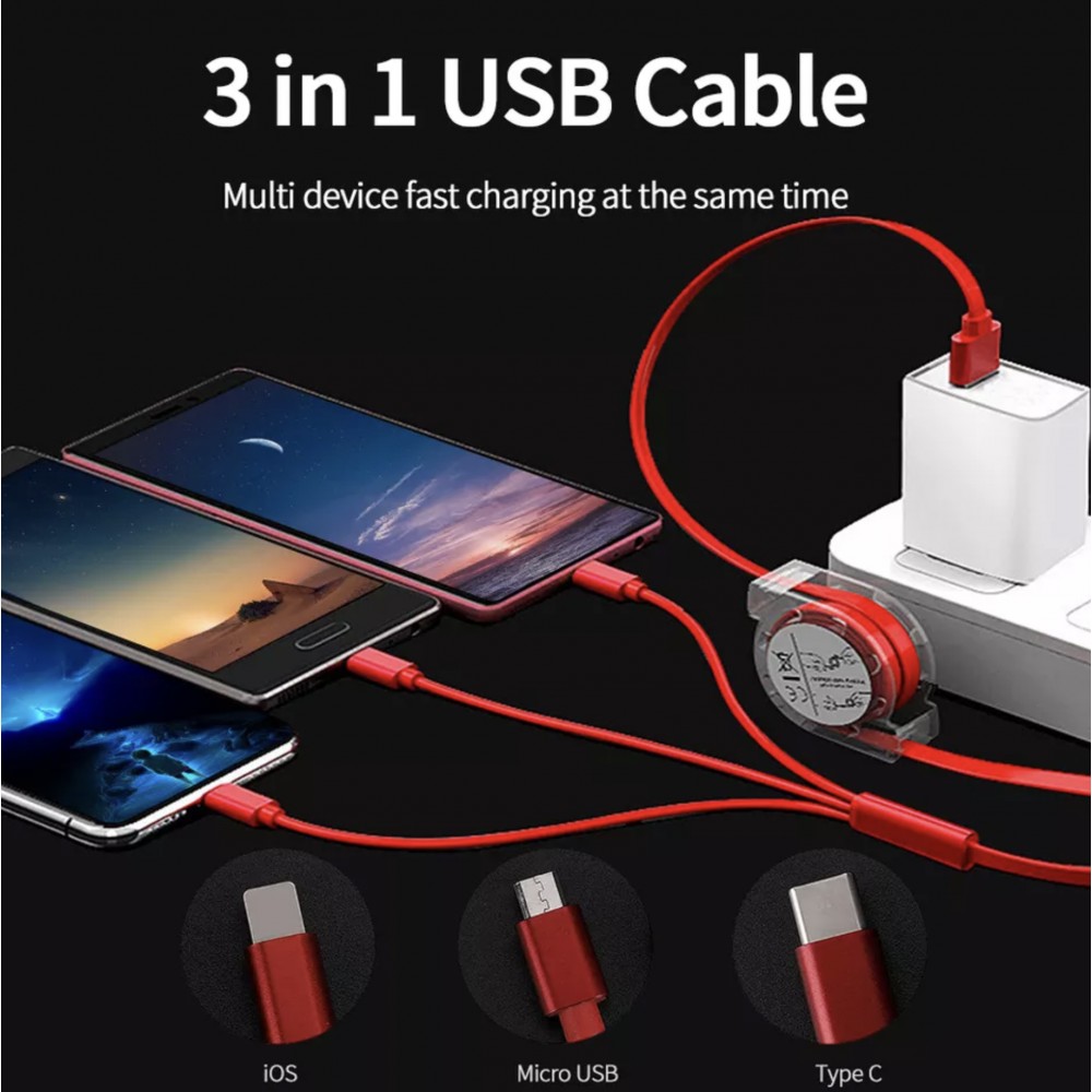 Câble 3 en 1 multi-ports rétractable avec micro-USB, USB-C et Lightning - Noir