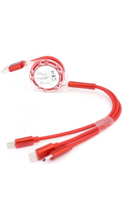 Câble 3 en 1 multi-ports rétractable avec micro-USB, USB-C et Lightning - Rouge