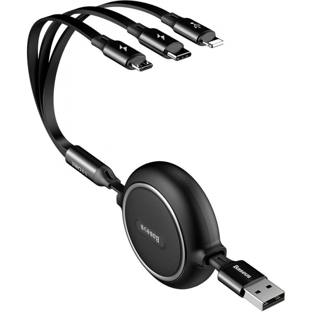 Baseus Golden Loop 3 in 1 ausziehbares Kabel USB - Micro USB / Lightning / USB-C (3.5A) 35cm - 120cm (CAMLT-JH01) - Schwarz