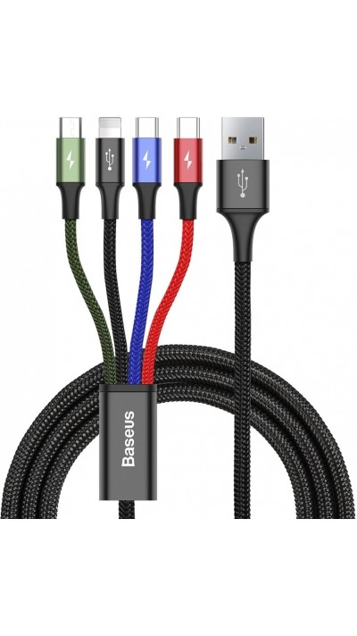 Câble USB 4 en 1 (1x Lightning, 2x USB-C, 1x Micro USB) tressé nylon 3.5A (1.2 m) - Noir