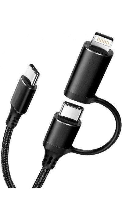 Câble de charge 2 en 1 (USB-C vers USB-C + Lightning) pour iPhone 15 et modèles précédents - Noir
