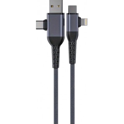 4 in 1 Multifunktions Ladekabel Nylon mit USB-A, USB-C & Lightning Anschluss 1.8m - Grau