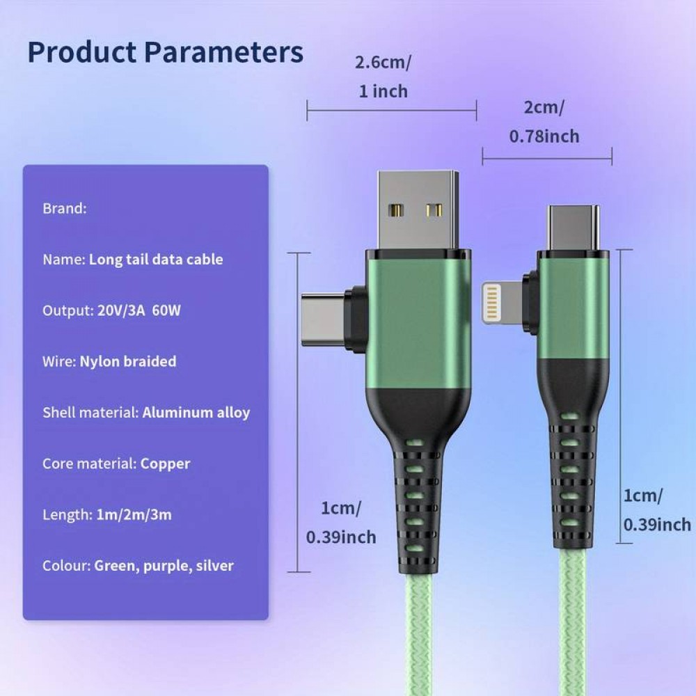 4 in 1 Multifunktions Ladekabel Nylon mit USB-A, USB-C & Lightning Anschluss 1.8m - Grau