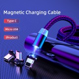 3 in 1 Universal LED Ladekabel Nylon USB-C - Lightning - Micro-USB - Schwarz