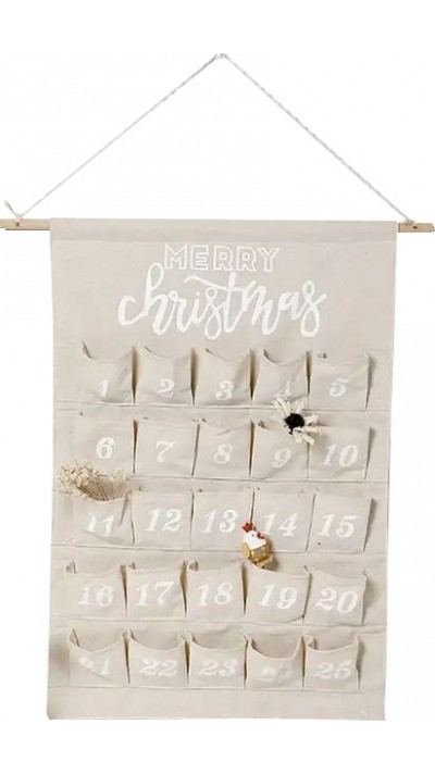 Adventskalender Merry Christmas mit Taschen 1 bis 24 aus Stoff zum Aufhängen