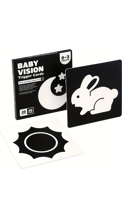 Cartes d'éveil et vision noir et blanc pour bébés pour stimulation cognitive et visuelle et développement (20 feuilles, 40 pages)
