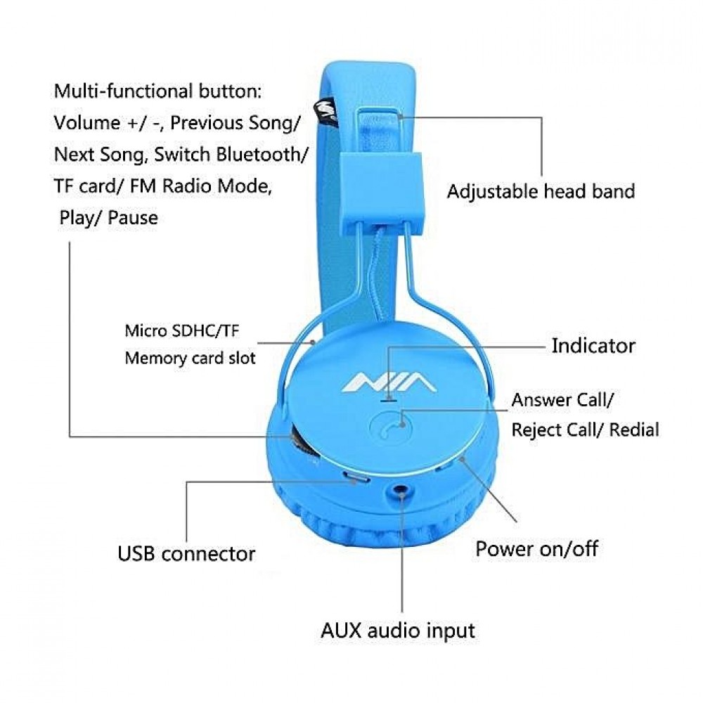 NIA X3 - Casque Bluetooth sans fil On-Ear basses profondes et connexion SD/AUX - Bleu