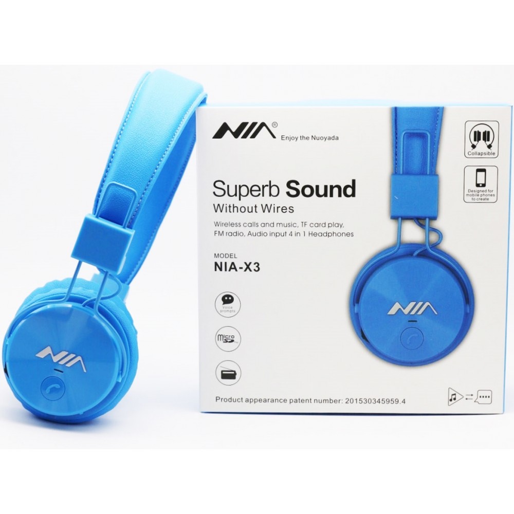 NIA X3 - Kabellose Bluetooth Kopfhörer On-Ear tiefer Bass Inkl. AUX/SD Karten Anschluss - Blau