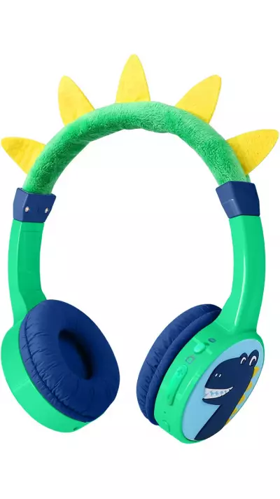 Casque cool sans fil Bluetooth 5.3 pour enfants avec volume atténué 85dB et design amusant - Dino