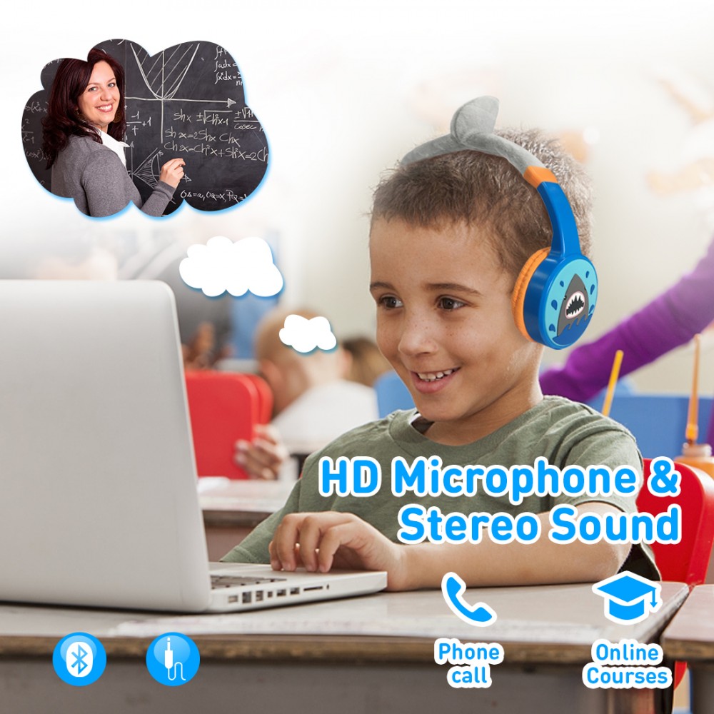 Coole Wireless Bluetooth 5.3 Kopfhörer für Kinder mit gedämpfter Lautstärke 85dB und lustigem Design - Shark