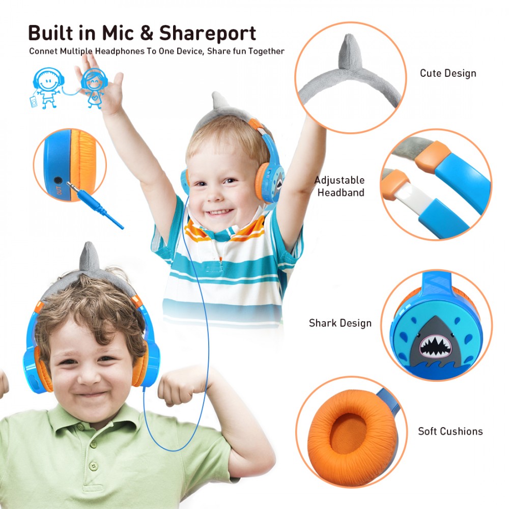 Coole Wireless Bluetooth 5.3 Kopfhörer für Kinder mit gedämpfter Lautstärke 85dB und lustigem Design - Shark