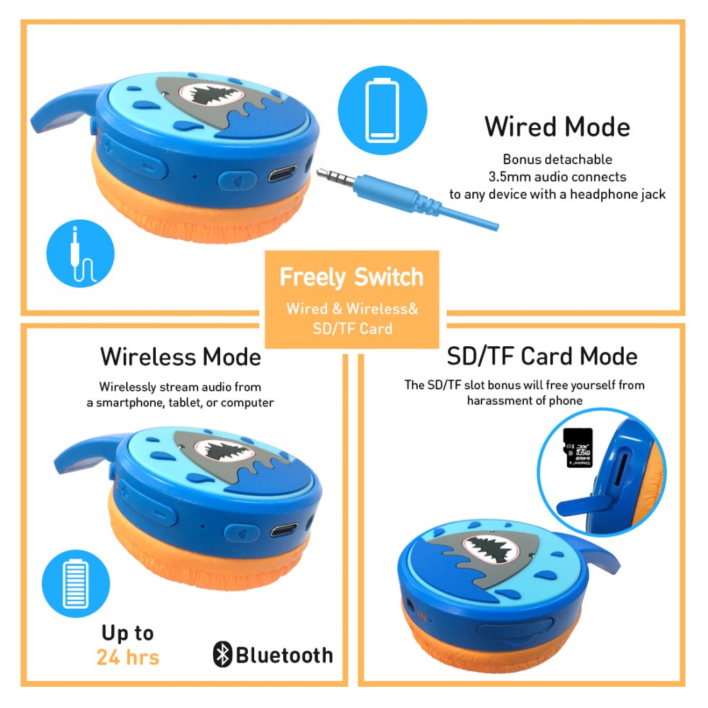 Coole Wireless Bluetooth 5.3 Kopfhörer für Kinder mit gedämpfter Lautstärke 85dB und lustigem Design - Shark