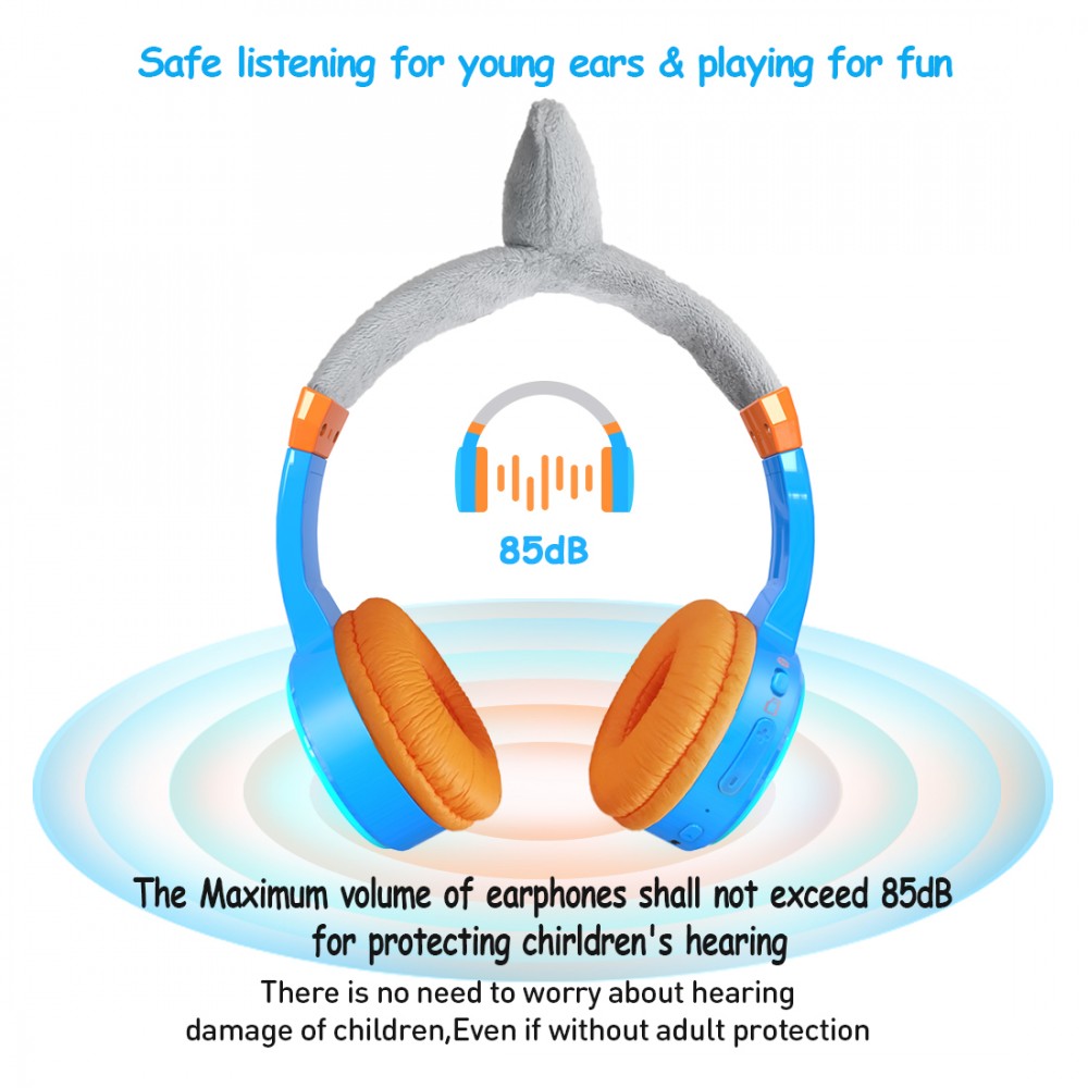 Coole Wireless Bluetooth 5.3 Kopfhörer für Kinder mit gedämpfter Lautstärke 85dB und lustigem Design - Shark