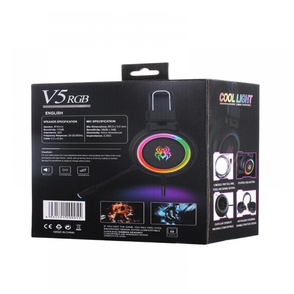 V5RGB - Casque de gamer professionnel avec lumière LED RGB pour ordinateur, Xbox one et PS4, basse réglable casque filaire