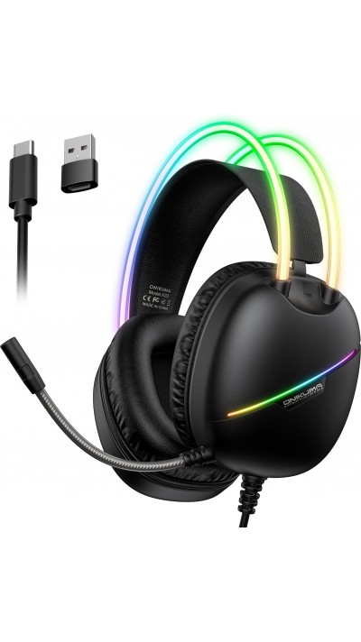 Casque de jeu ONIKUMA sans fil / avec fil avec LED RGB USB-C avec microphone HD pour PC et PS expérience immersive - Noir