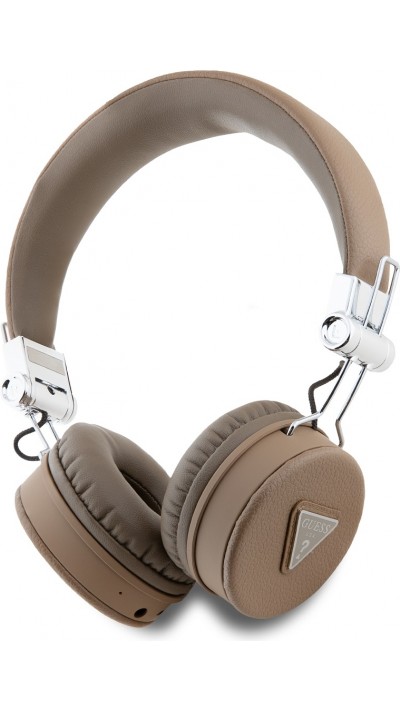 Casque sans fil Bluetooth Guess On-Ear premium logo triangle cuir synthétique grainé - Brun