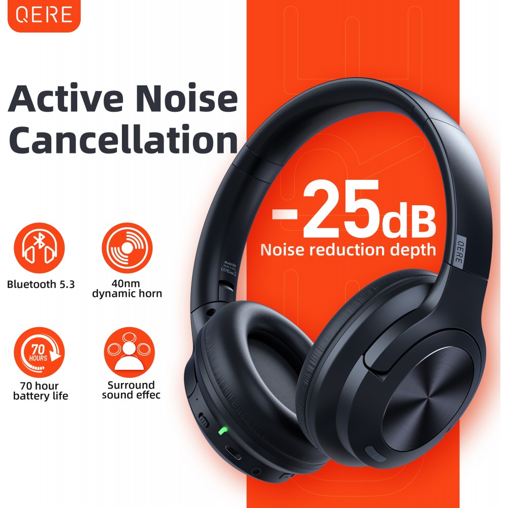 Casque sans fil Bluetooth Qere E80 Active Noise Cancellation (ANC) - Noir