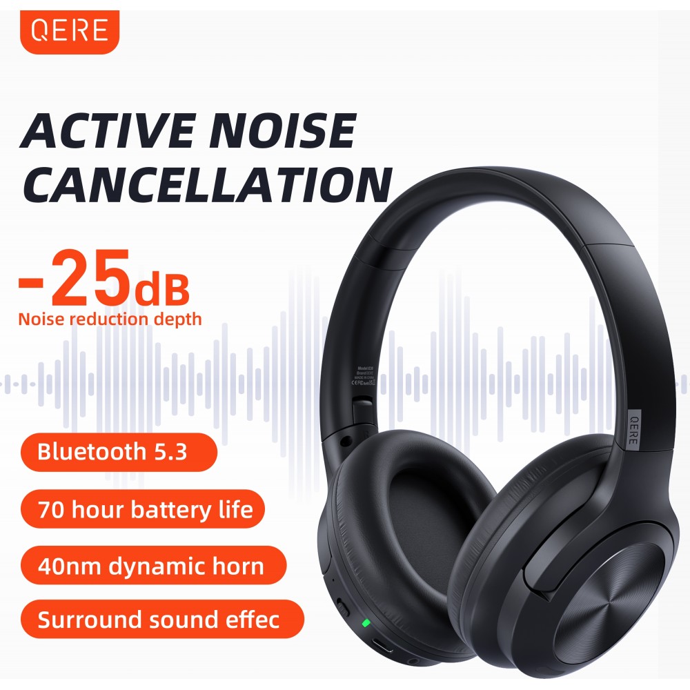 Casque sans fil Bluetooth Qere E80 Active Noise Cancellation (ANC) - Noir