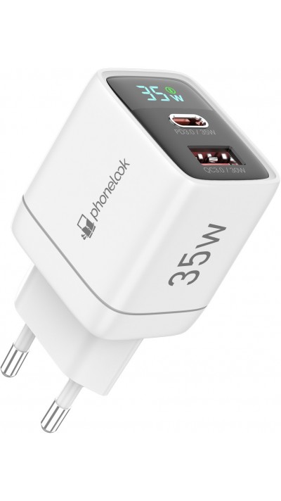 Chargeur USB-A et USB-C GaN/PD3.0 35W avec affichage LED ultra puissant PhoneLook - Blanc