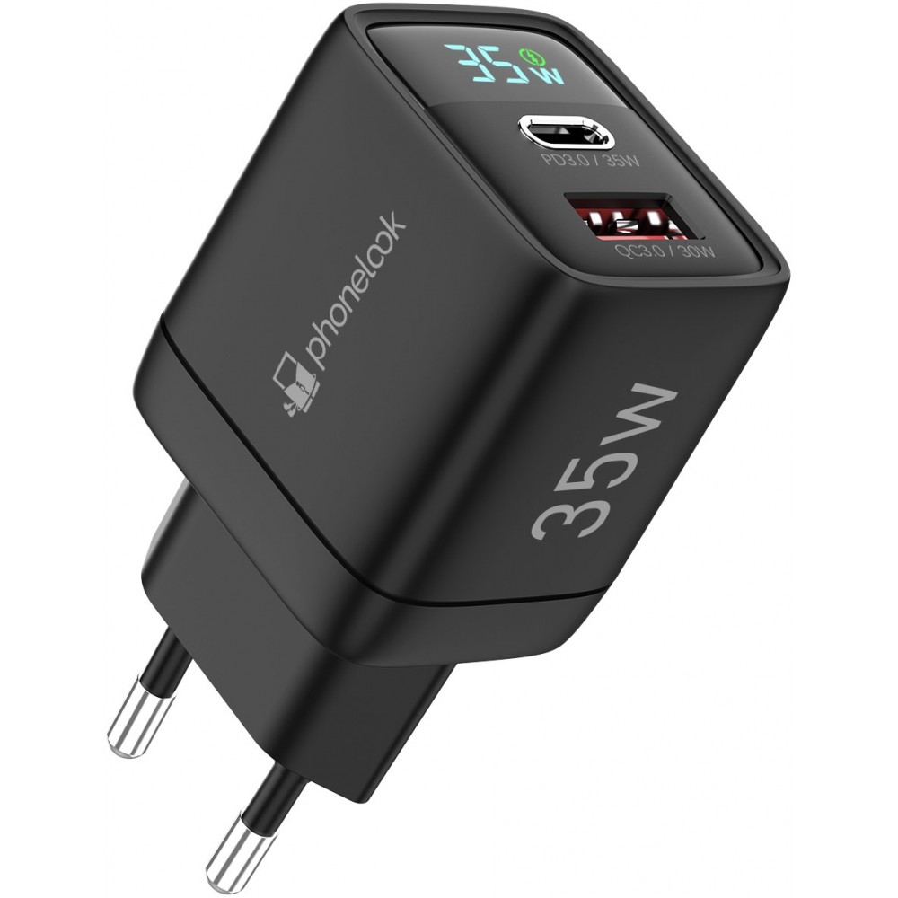 Ladestecker USB-A und USB-C GaN/PD3.0 35W mit LED Anzeige Ultra Leistung PhoneLook - Schwarz