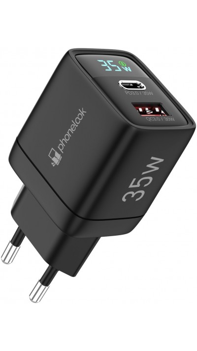 Chargeur USB-A et USB-C GaN/PD3.0 35W avec affichage LED ultra puissant PhoneLook - Noir