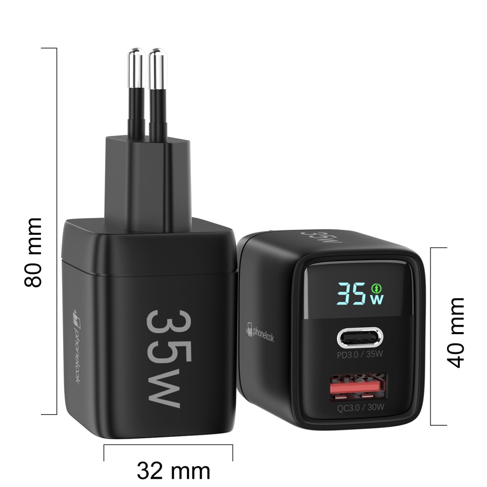 Ladestecker USB-A und USB-C GaN/PD3.0 35W mit LED Anzeige Ultra Leistung PhoneLook - Schwarz