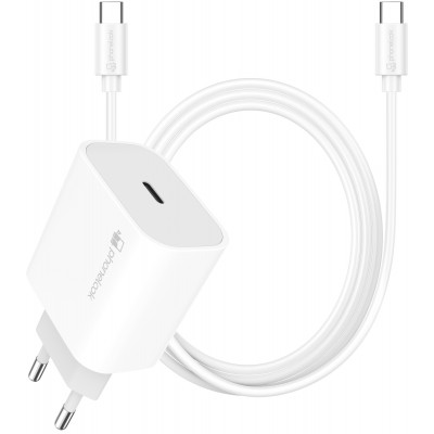 Chargeur USB-C 20W avec câble de charge USB-C (Android/iPhone 15) de 1 m - Blanc