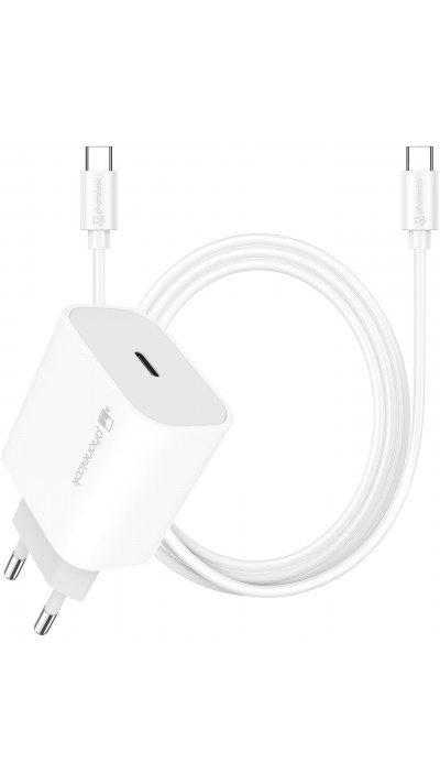 Chargeur USB-C 20W avec câble de charge USB-C (Android/iPhone 15) de 1 m - Blanc