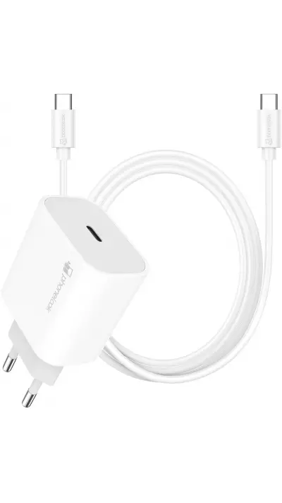 Chargeur USB-C 20W avec câble de charge USB-C (Android/iPhone 15) de 1 m - Blanc